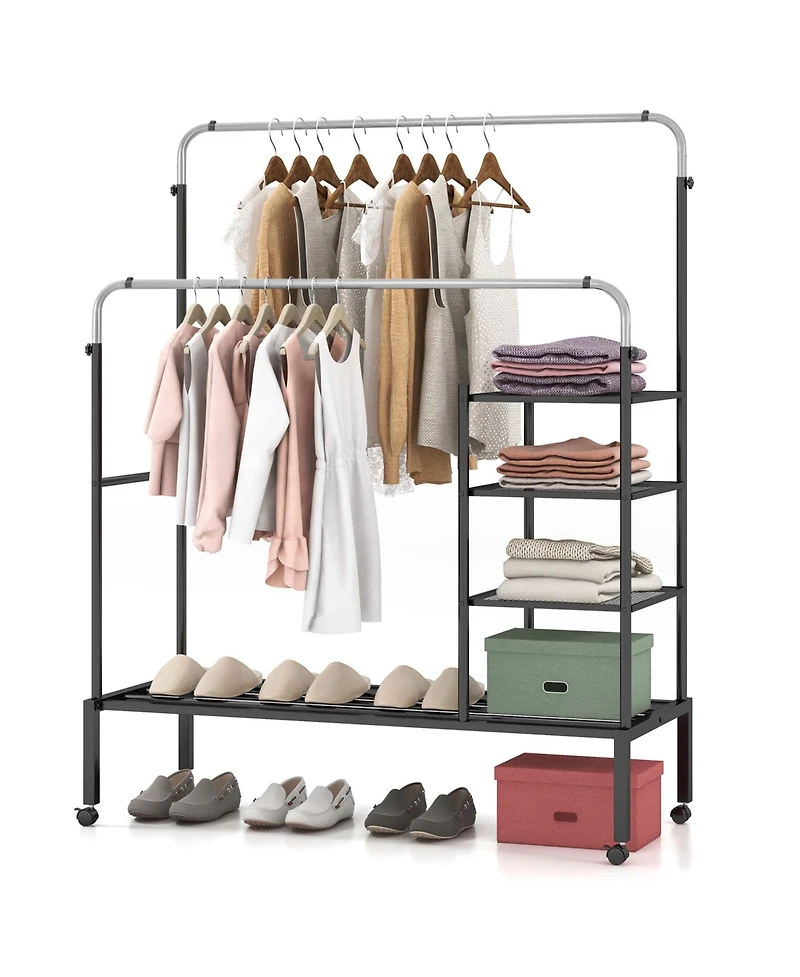 Costway Rolling Clothes Drying Rack Double Rods Garment Rack with Height Adjustables