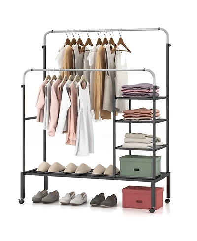Costway Rolling Clothes Drying Rack Double Rods Garment Rack with Height Adjustables