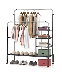 Costway Rolling Clothes Drying Rack Double Rods Garment Rack with Height Adjustables