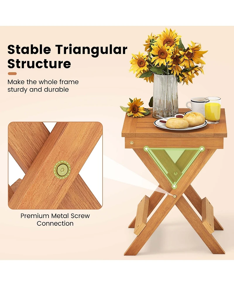 14" Compact Folding Side Table with Slatted Tabletop Stable Triangular Structure