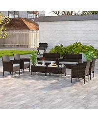 8 Pcs Patio Furniture Set with Washable Cushions and Tempered Glass Coffee Table