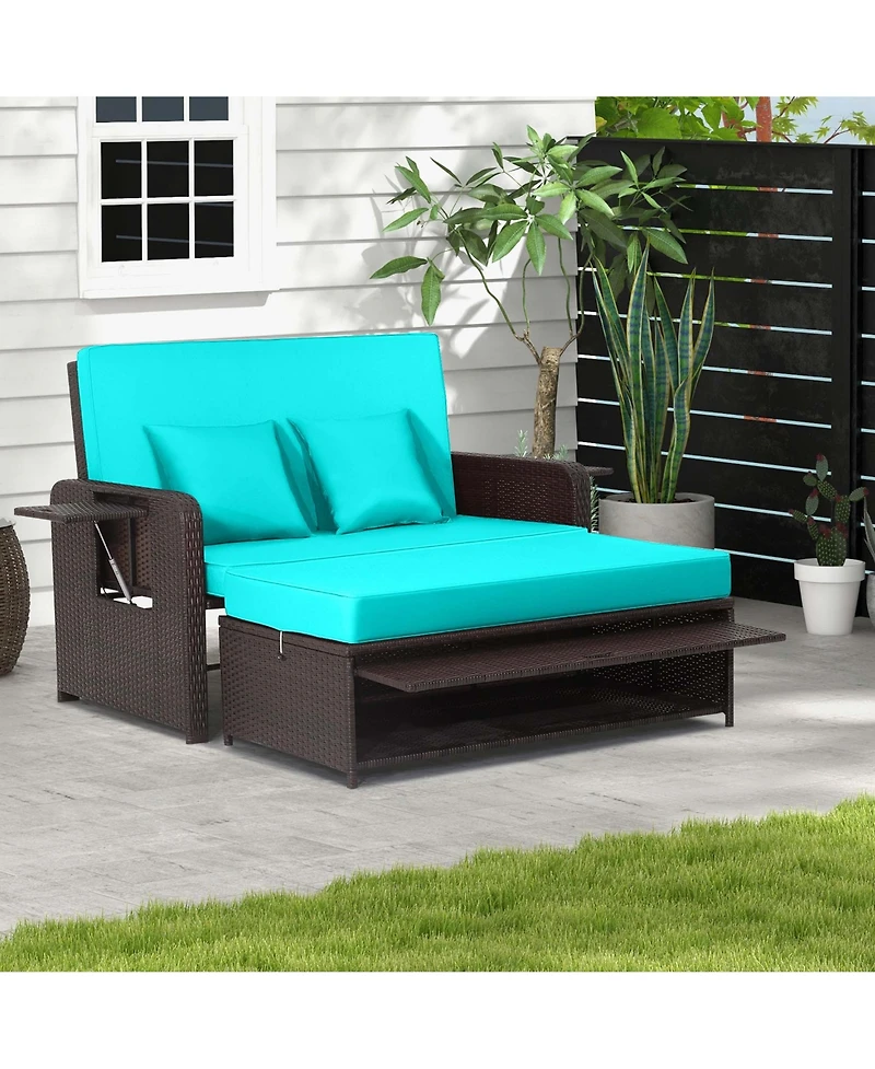 Patio Rattan Loveseat Set Daybed Lounge Storage Ottoman Side Tables Adjust