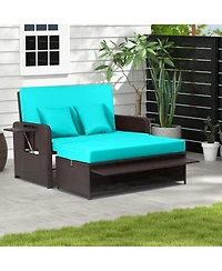 Patio Rattan Loveseat Set Daybed Lounge Storage Ottoman Side Tables Adjust