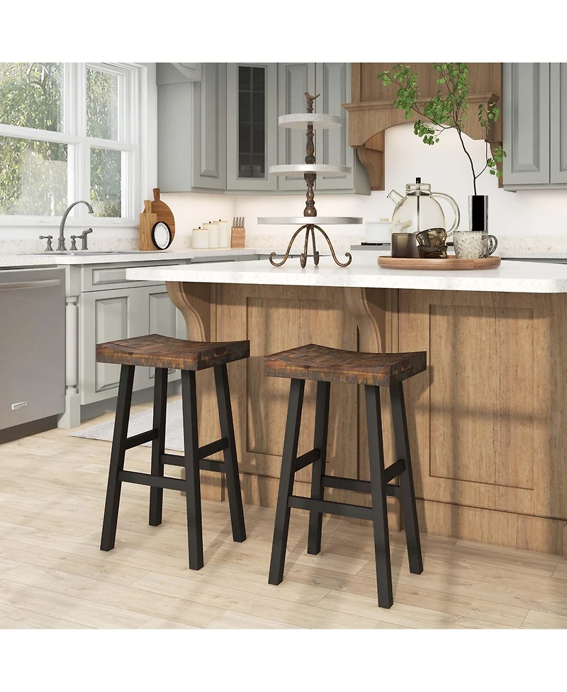 24" Bar Stool Set of 2 Counter Height Solid Wood Curved Saddle Seat Footrest