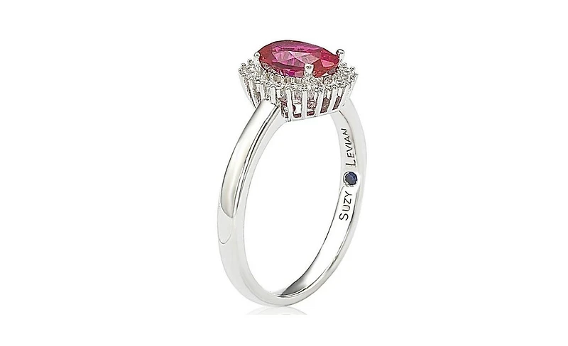 Suzy Levian Sterling Silver Cubic Zirconia Red Oval Halo Ring