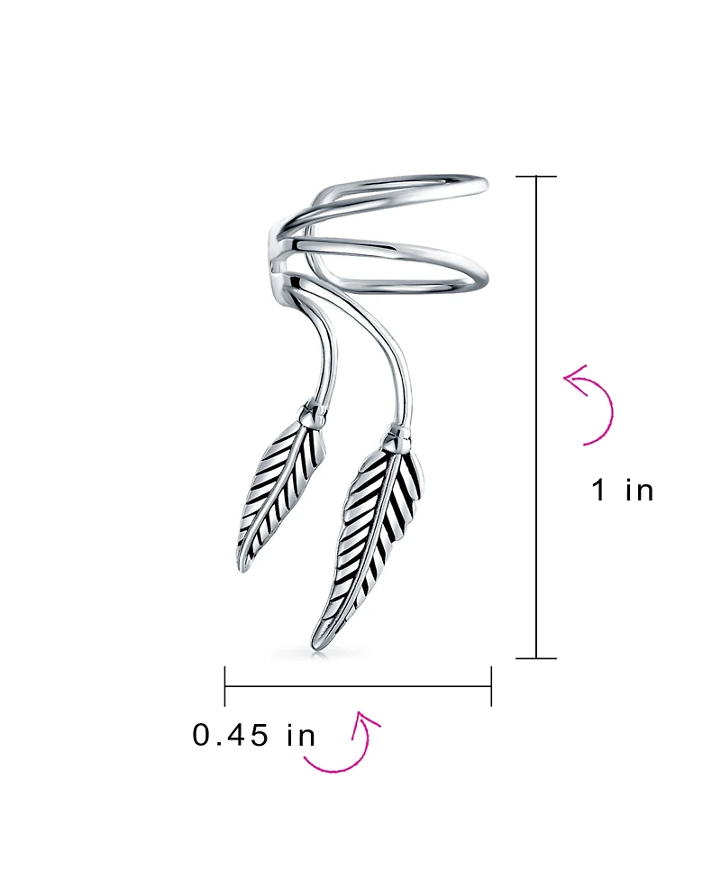 Bling Jewelry Double Leaf Feather Cartilage Ear Cuffs Clip Wrap Wire Earrings Helix Non Pierced Ear Oxidized Sterling Silver