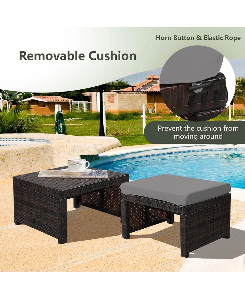 Gymax Set of 2 Rattan Ottoman Footrest Footstool Patio Furniture w/ White Cushion