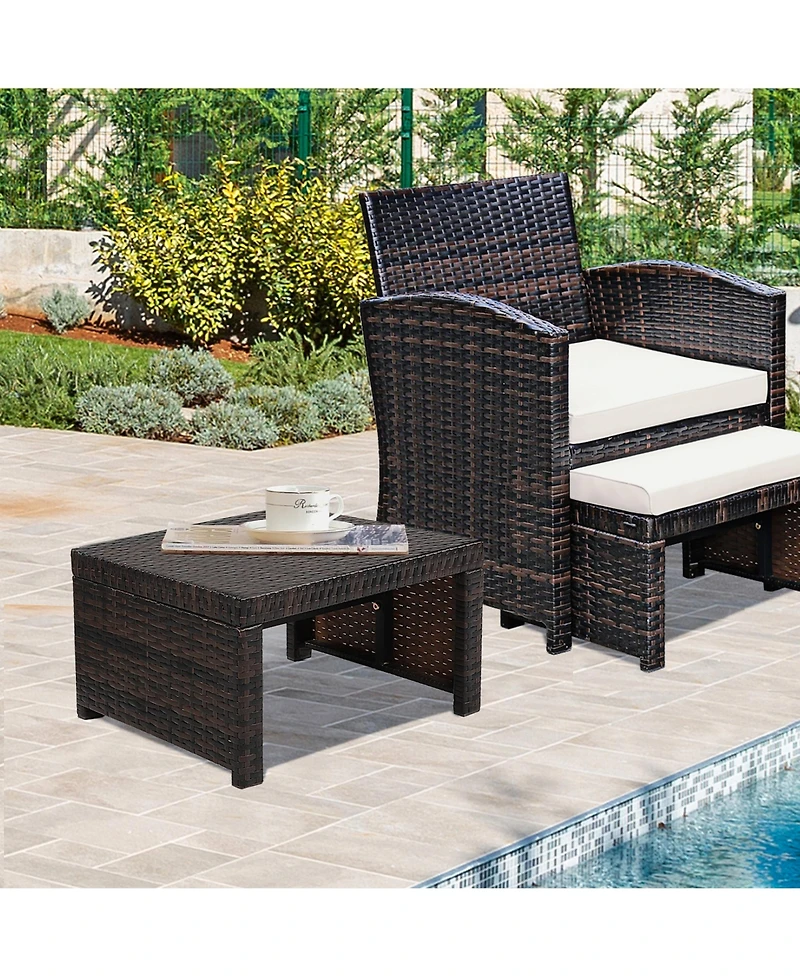 Gymax Set of 2 Rattan Ottoman Footrest Footstool Patio Furniture w/ White Cushion