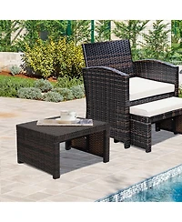 Gymax Set of 2 Rattan Ottoman Footrest Footstool Patio Furniture w/ White Cushion