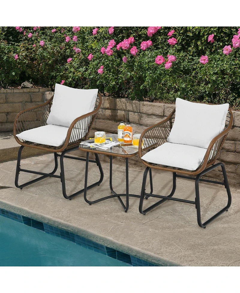 Slickblue 3 Pieces Patio Rattan Bistro Set Cushioned Chair Glass Table Deck