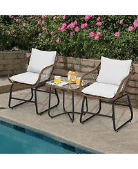 Slickblue 3 Pieces Patio Rattan Bistro Set Cushioned Chair Glass Table Deck