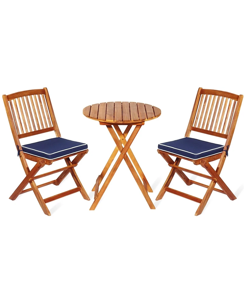 Gymax 3PCS Folding Patio Conversation Set Acacia Wood Bistro Set w/ Cushions