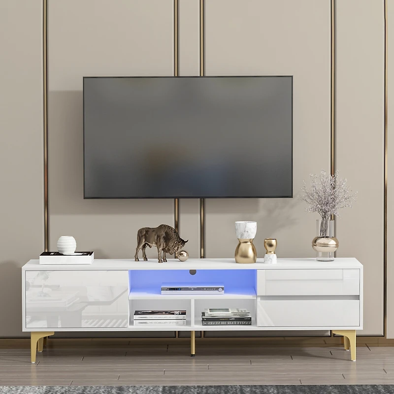 Streamdale White Tv stand with Led lights and gold legs