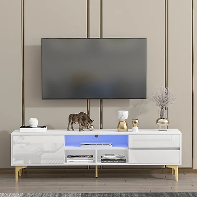 Streamdale White Tv stand with Led lights and gold legs