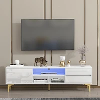 Streamdale White Tv stand with Led lights and gold legs