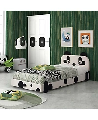 Twin Size Kids Bed Toddler Upholstered Low Profile Bed Frame with Panda Headboard