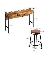 Simplie Fun 3-Drawer Long Dining Table Set with Power Outlets & Bar Kitchen Table Set with Circular Pu Stools, Easy Assemble