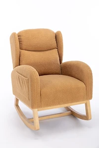 Teddy Fabric Rocking Chair With Packet Wood Legs, Khaki