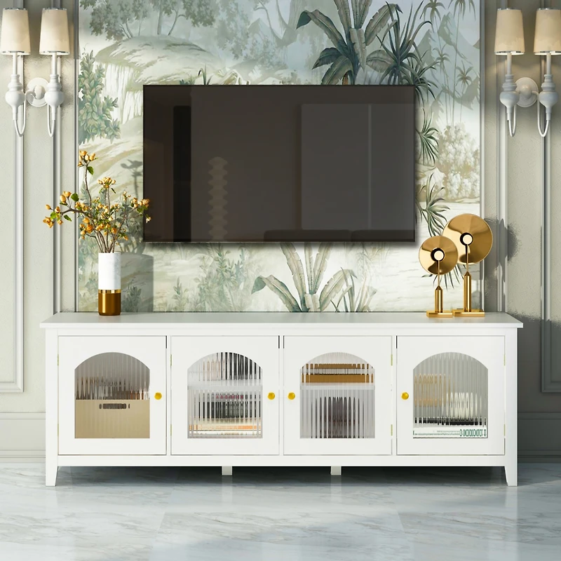 Streamdale Furniture 71" Stylish Tv Cabinet Entertainment Center, Solid Wood Frame, Glass Door - Antique White