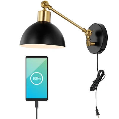 Jonathan Y Lisa Swing Arm Modern Midcentury Iron Usb Charging Port Led Sconce