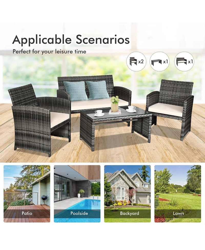Sugift 4 Pieces Patio Rattan Furniture Set with Glass Table and Loveseat