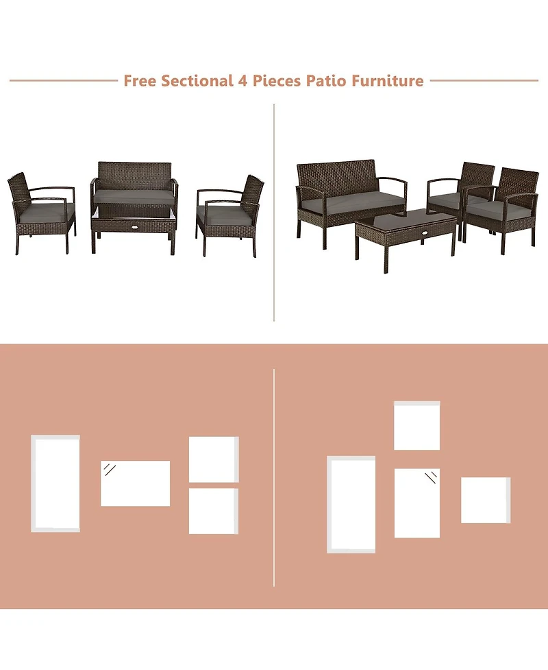 Sugift 4 Pieces Patio Rattan Cushioned Furniture Set with Loveseat and Table