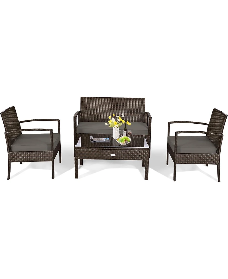 Sugift 4 Pieces Patio Rattan Cushioned Furniture Set with Loveseat and Table