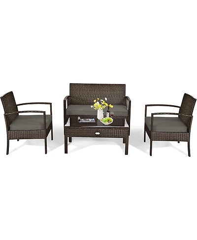 Sugift 4 Pieces Patio Rattan Cushioned Furniture Set with Loveseat and Table