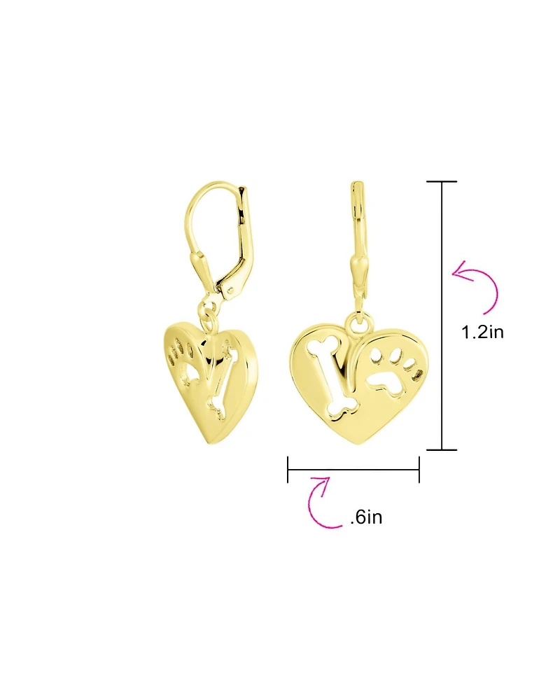 Bling Jewelry I Love My Dog Heart Shape Cut Out Puppy Pet Bone Animal Lover Paw Print Drop Dangle Lever back Earrings Gold Plated Sterling Silver