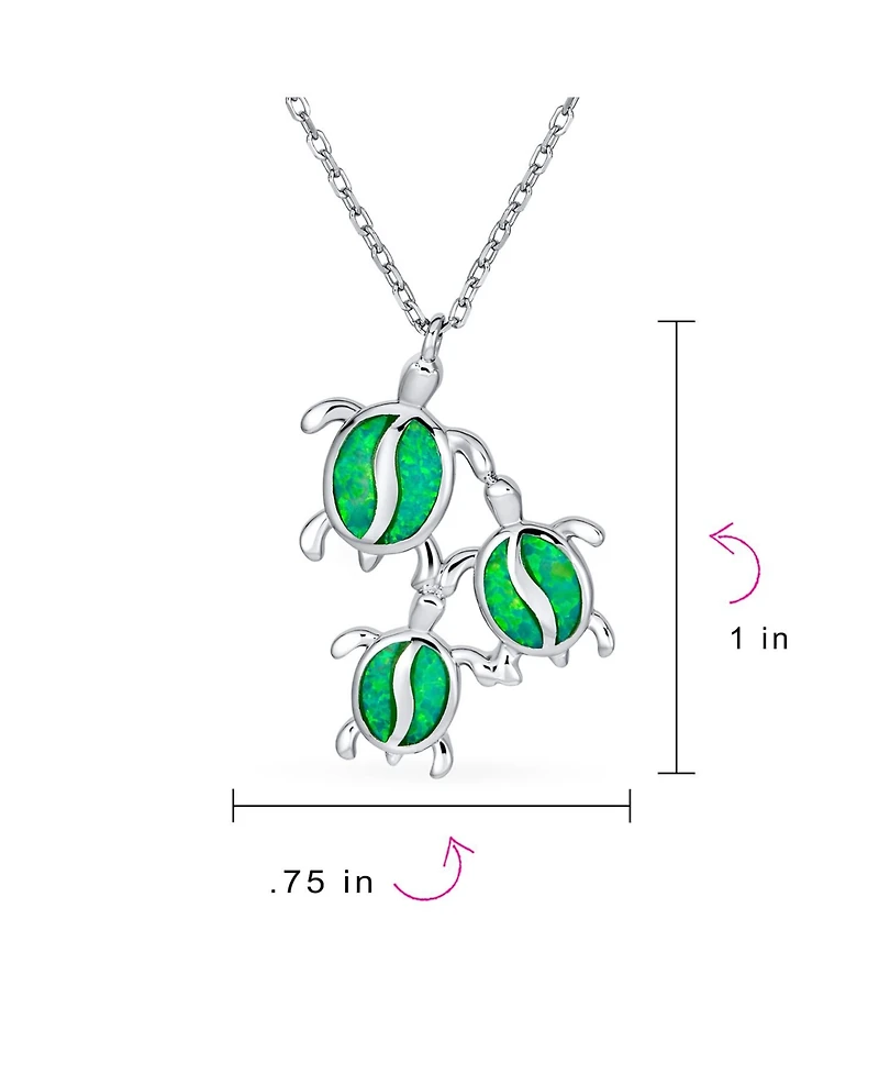 Bling Jewelry Nautical Synthetic Opal Inlay Green Mother Mom Babies Sea Turtle Family Pendant Necklace Sterling Silver