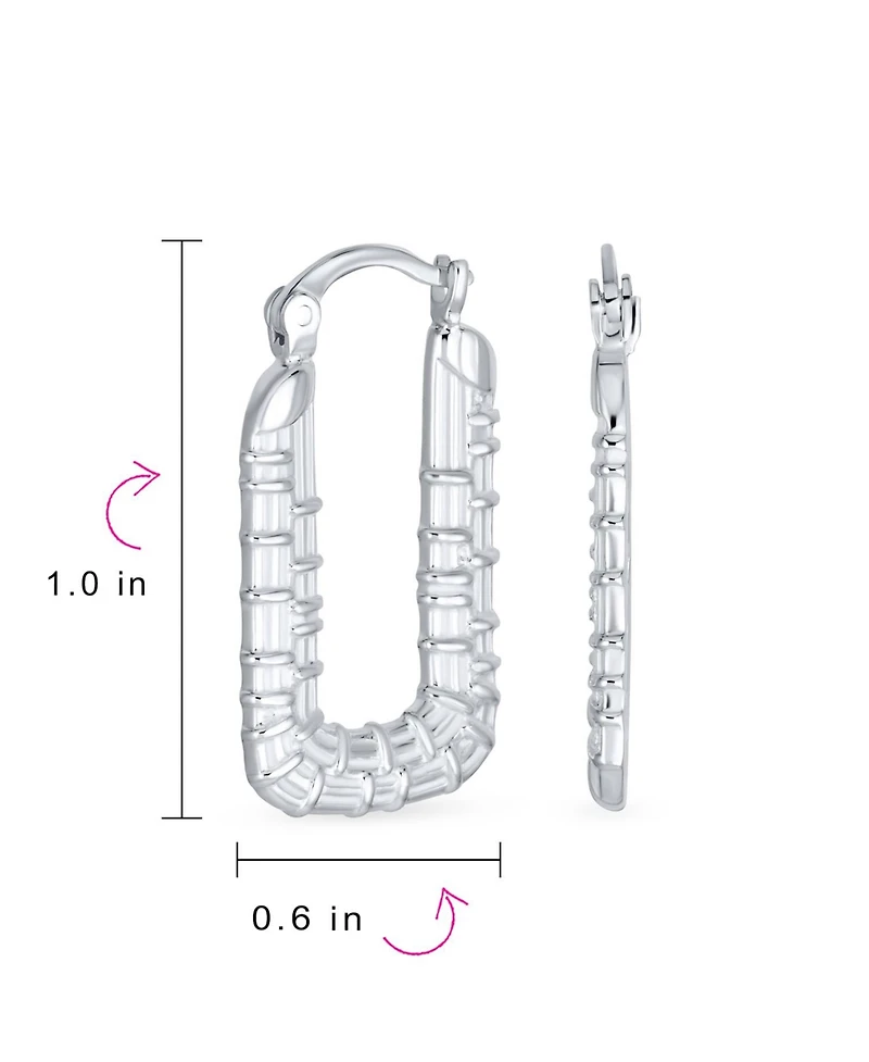 Bling Jewelry Boho Lightweight Large Rectangle Texture Bamboo Hoop Earrings Matte Sterling Silver 1 Inch Diameter