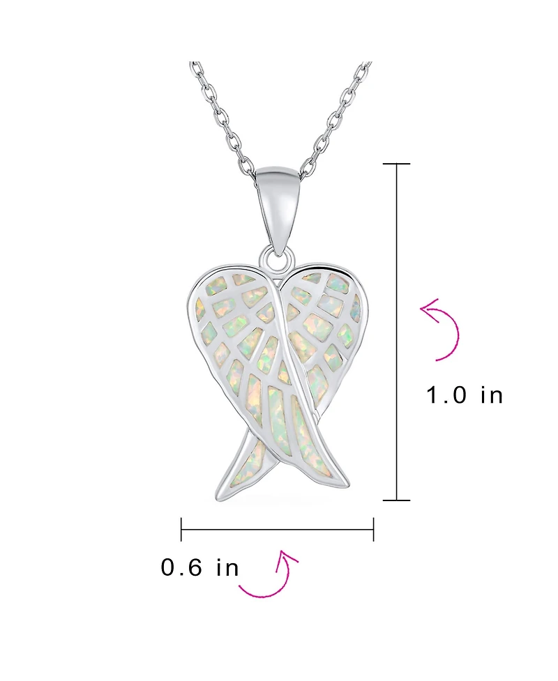 Bling Jewelry Love Created White Synthetic Opal Inlay Spiritual Guardian Angel Wings Feather Necklace Pendant Sterling Silver