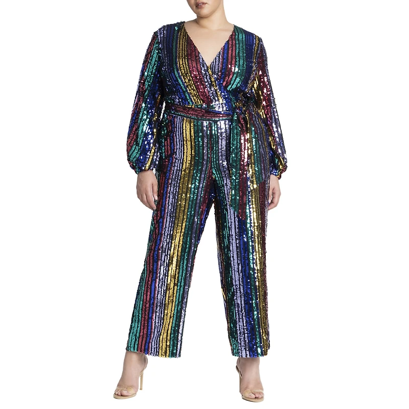 Eloquii Women's Plus Multicolor Stripe Sequin Jumpsuit