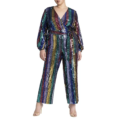 Eloquii Women's Plus Multicolor Stripe Sequin Jumpsuit