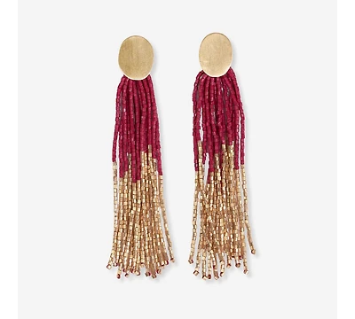 Mae Oval Brass Post 2-Color Beaded Tassel Earrings Red