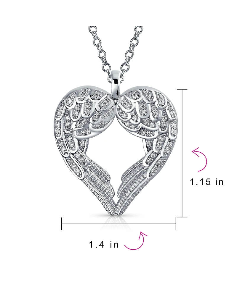 Bling Jewelry Pave Cubic Zirconia Cz Heart Kissing Feather Guardian Angel Wing Dangling Pendant Necklace Sterling Silver