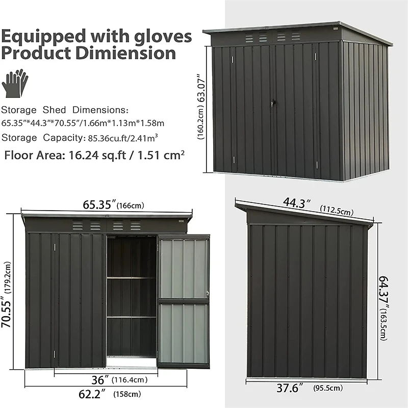 Streamdale Metal Frame Garden Shed, Lockable Door, 5.45x3.69FT, Black