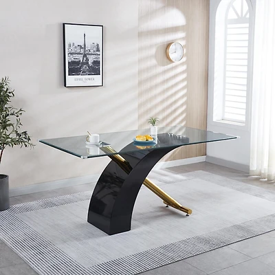 Rectangular Glass Top Dining Table, Modern Design Rectangular Room Table For Home (Black Or White)