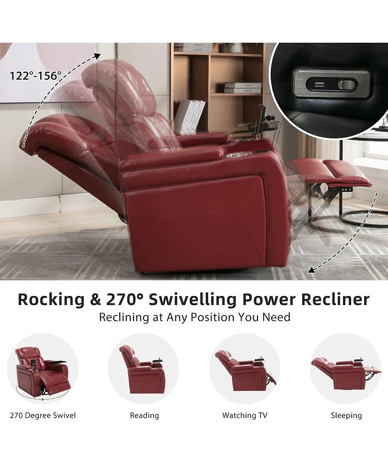 Streamdale Red Pu Leather Power Recliner with Swivel Tray & Storage