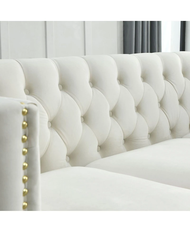 Streamdale Furniture Beige Velvet Sofa with Tufted Square Arm
