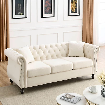 Streamdale Furniture Beige Velvet Chesterfield Sofa with Tufted Couch and Nailhead Trim