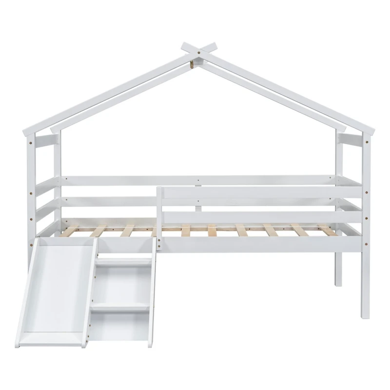 Streamdale Furniture Twin Low Loft House Bed With Slide, Ladder, Safety Guardrails, House Roof Frame, White
