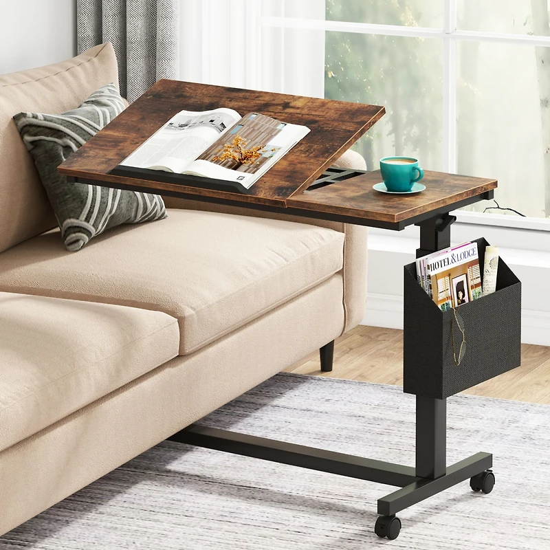 Tribesigns Height Adjustable C Shaped End Table with Wheels and Side Pocket, Mobile Sofa Snack Tiltable Drawing Board for Couch Bed