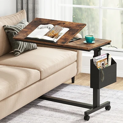 Tribesigns Height Adjustable C Shaped End Table with Wheels and Side Pocket, Mobile Sofa Snack Tiltable Drawing Board, Laptop Tray Tab