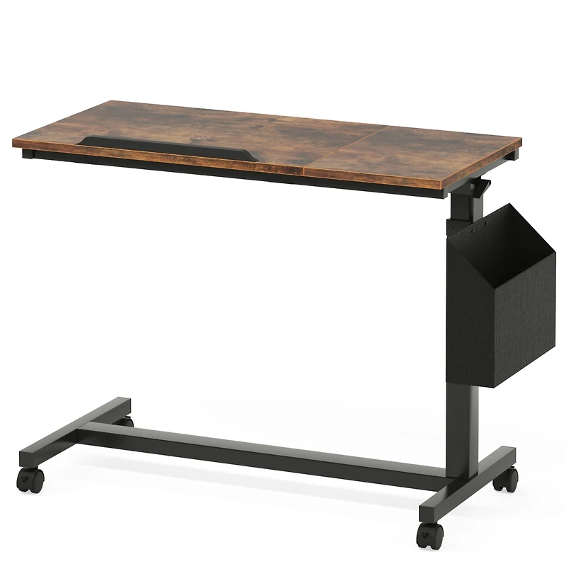 Tribesigns Height Adjustable C Shaped End Table with Wheels and Side Pocket, Mobile Sofa Snack Tiltable Drawing Board for Couch Bed
