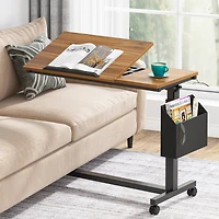 Tribesigns Height Adjustable C Shaped End Table with Wheels and Side Pocket, Mobile Sofa Snack Table with Tiltable Drawing Board for Couch Bed