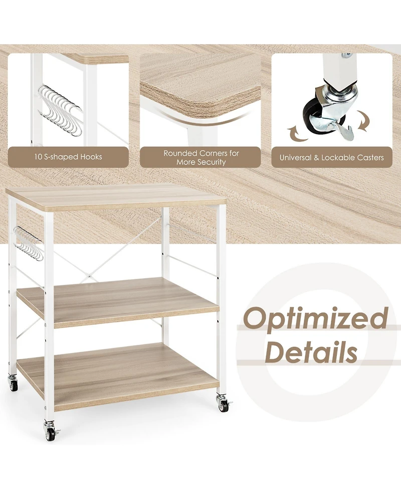 3-Tier Kitchen Baker's Rack with Microwave Shelf, Storage Hooks, and Utility Cart