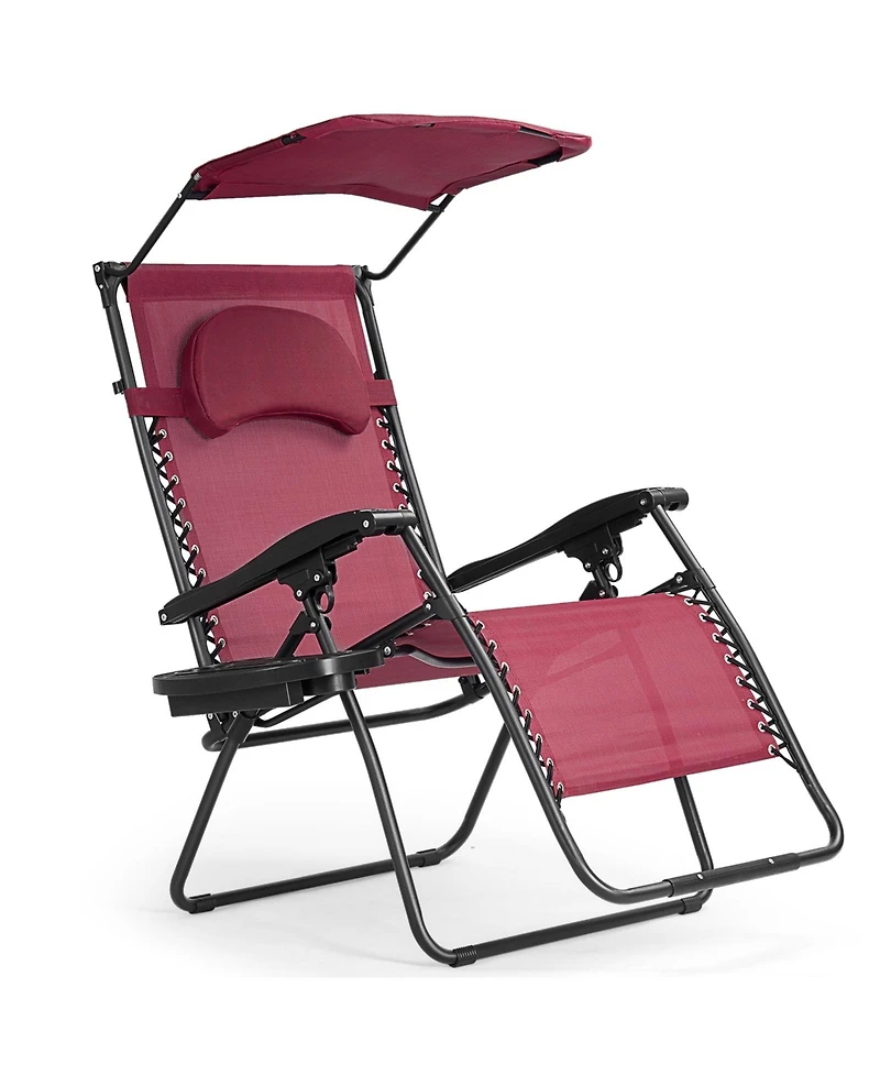 Slickblue Folding Recliner Lounge Chair with Shade Canopy Cup Holder
