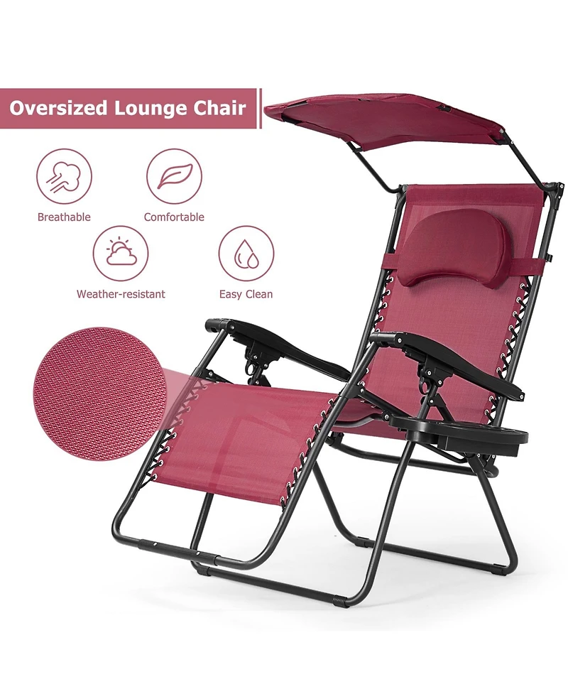 Slickblue Folding Recliner Lounge Chair with Shade Canopy Cup Holder