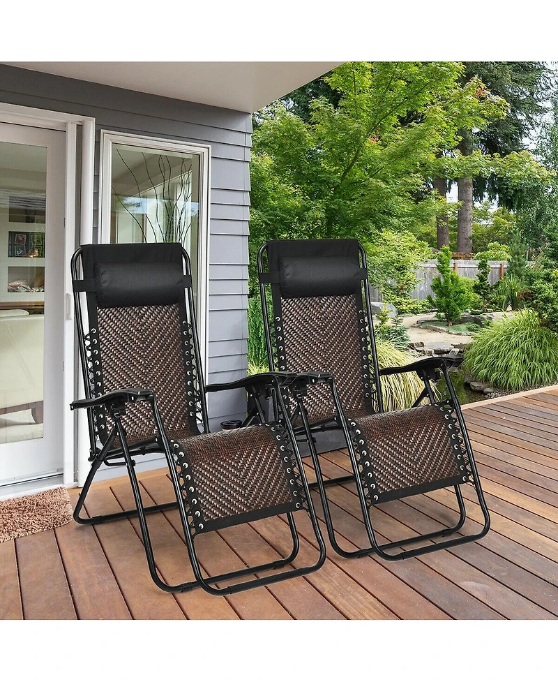 Slickblue 2 Pieces Folding Patio Rattan Zero Gravity Lounge Chair